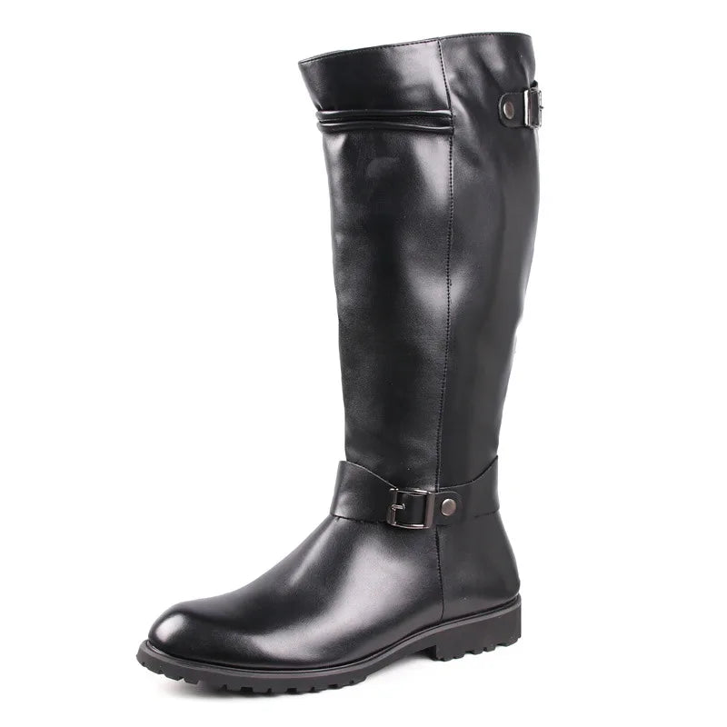 Men’s Knee High Leather Boots with Side Zipper & Buckle